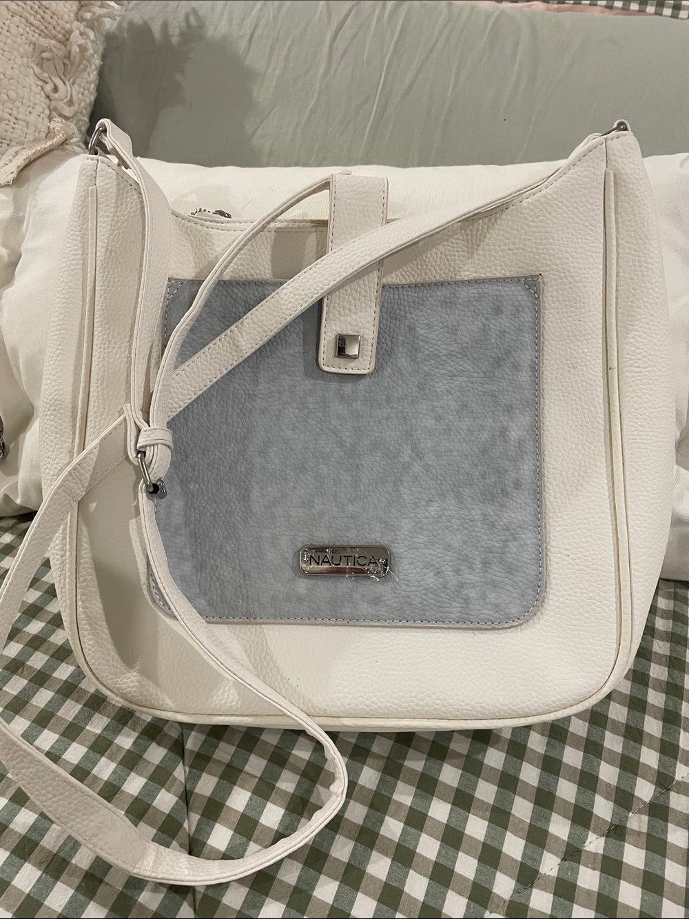 Nautica White Shoulder Bag with Light Gray/Blue Front Pocket
